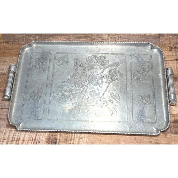 Arthur Armour Aluminum Serving Tray W/ Butterfly & Floral Etching  Vintage - Picture 1 of 6